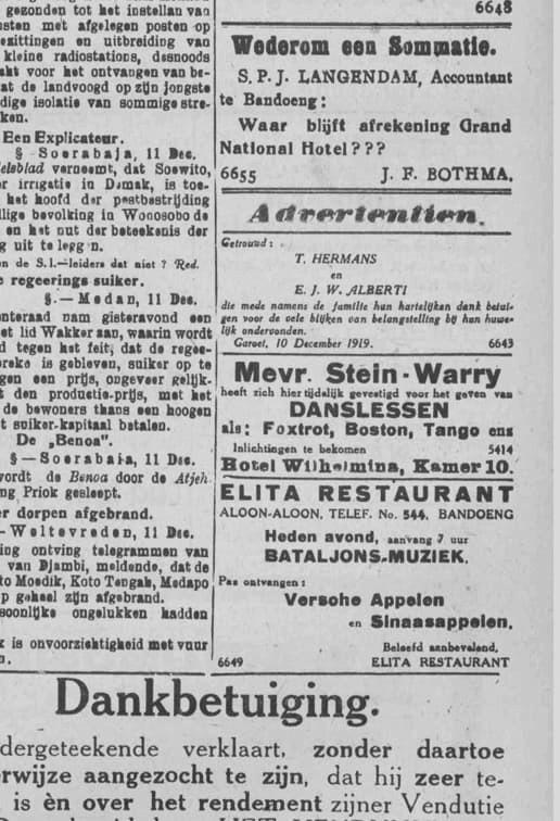 Iklan Elita edisi lain &mdash; menyebut Restaurant, Boekhandel, Muziekwinkel